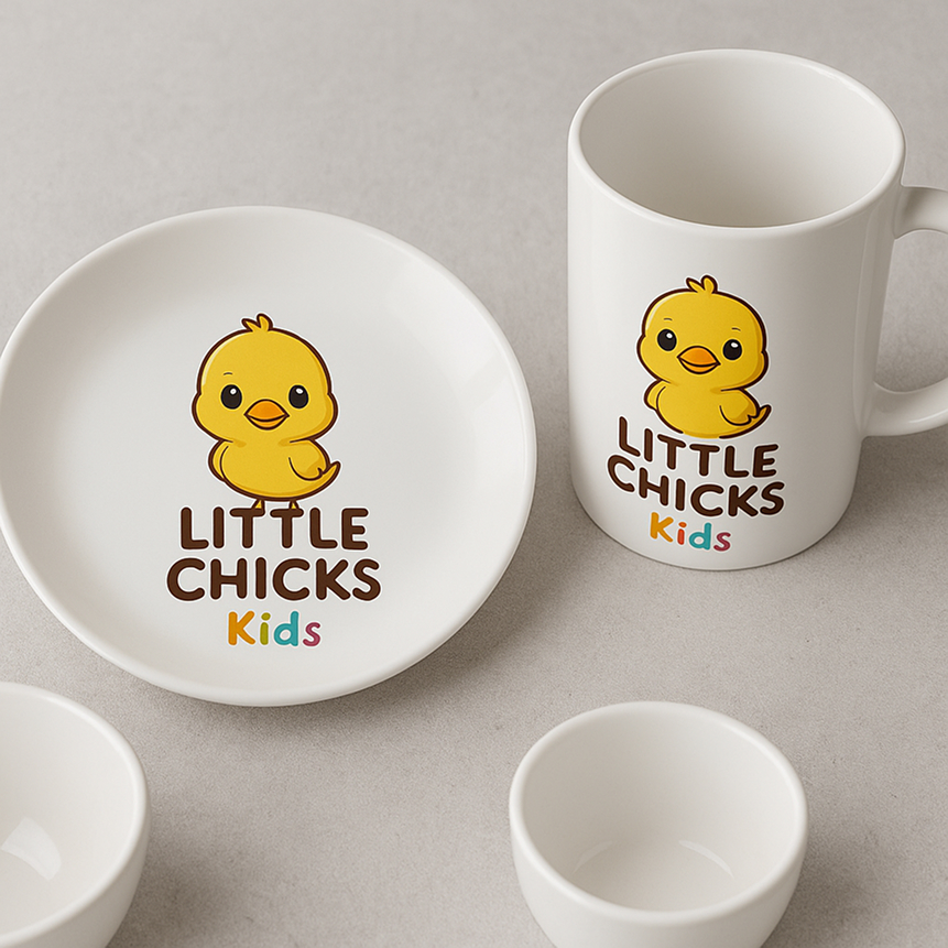 ример печати на детской посуде – тарелка и кружка с логотипом 'LITTLE CHICKS Kids' для детского сада или кафе.
