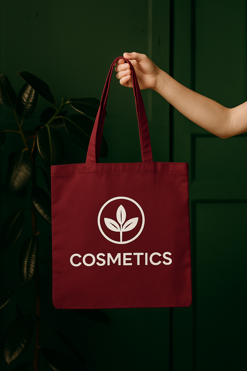 Бордовая эко-сумка с белым логотипом 'COSMETICS'. Брендирование сумок для магазинов и салонов