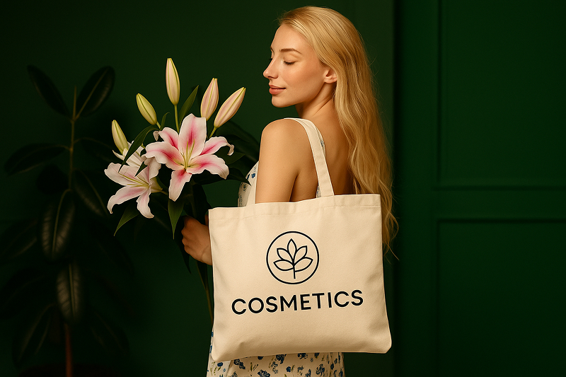 Эко-сумка из натуральной ткани с логотипом 'COSMETICS'. Мерч для бьюти-брендов