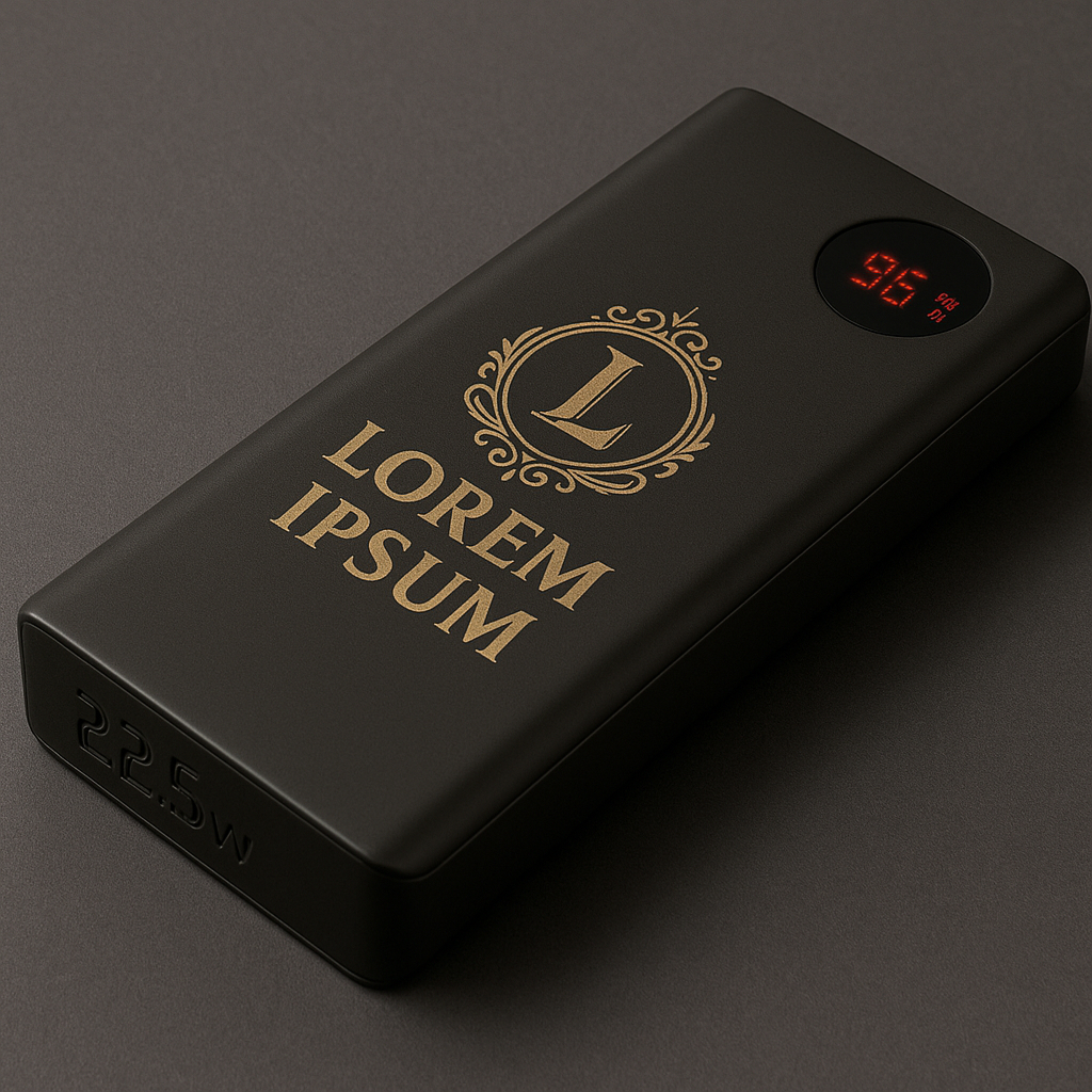 Черный павербанк с нанесением золотого логотипа 'Lorem Ipsum'. Эффектное брендирование электроники